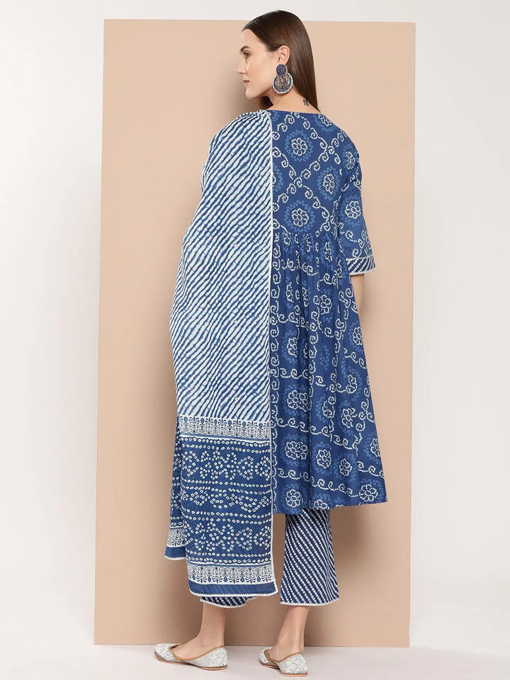 Blue Printed Cotton A-Line Straight Kurta With Trousers & Dupatta - Libas