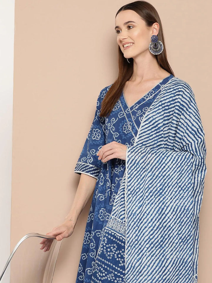 Blue Printed Cotton A-Line Straight Kurta With Trousers & Dupatta - Libas