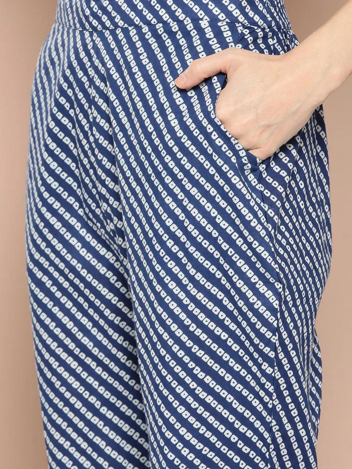 Blue Printed Cotton A-Line Straight Kurta With Trousers & Dupatta - Libas