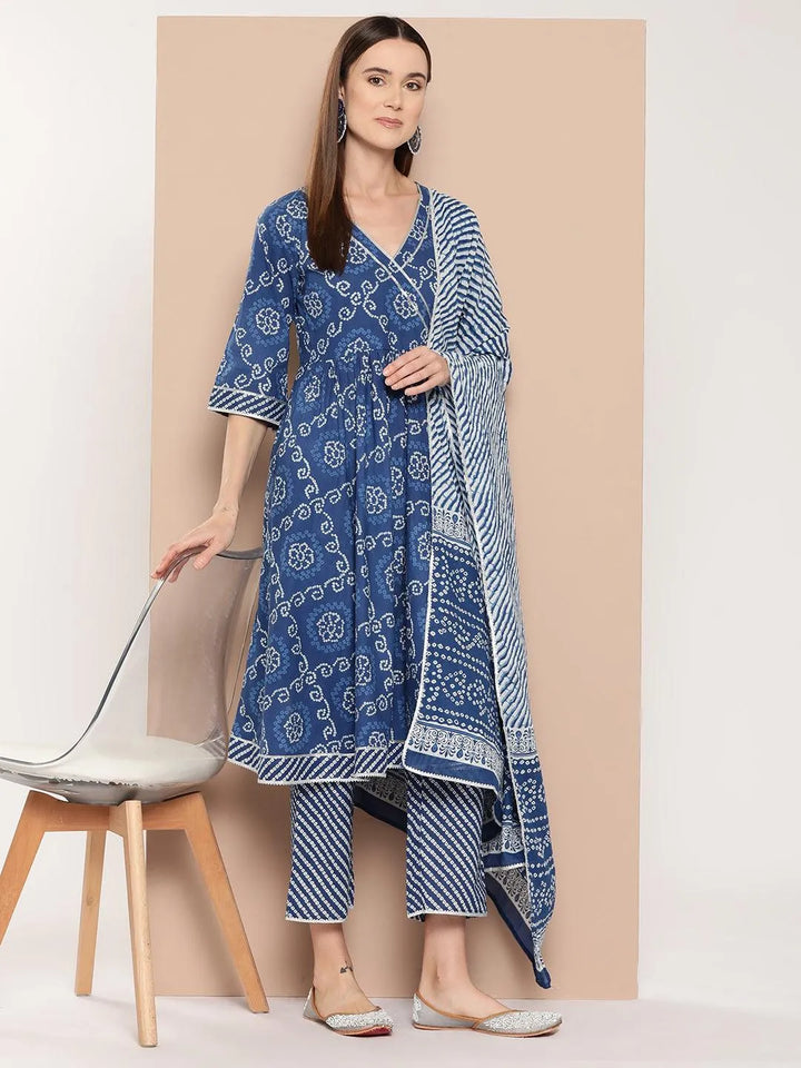 Blue Printed Cotton A-Line Straight Kurta With Trousers & Dupatta - Libas