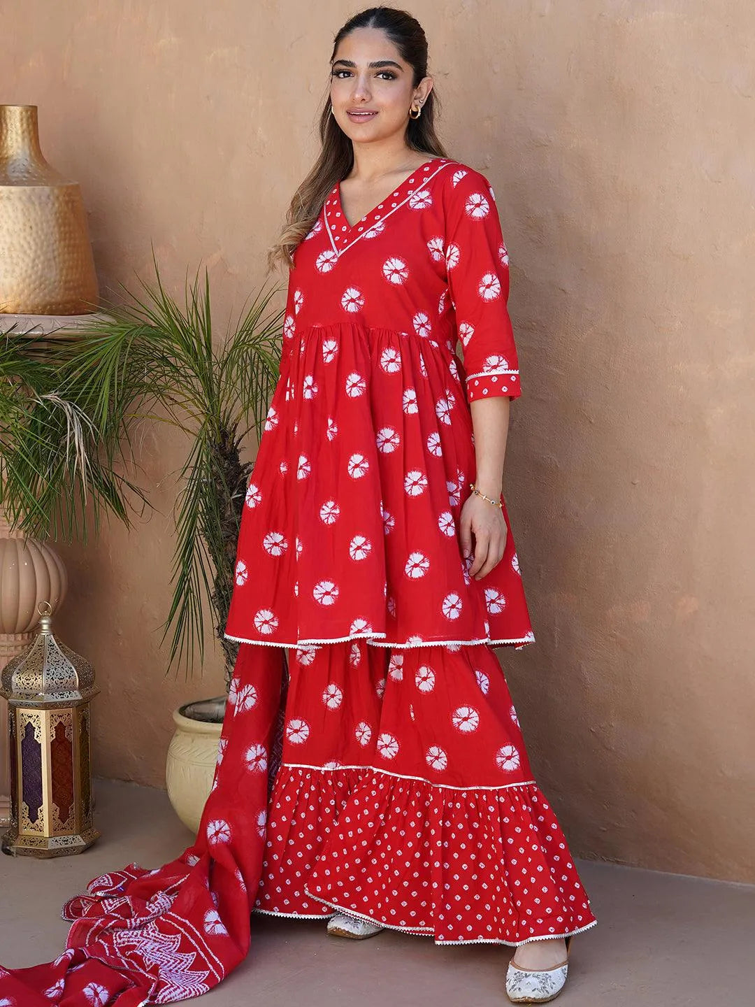 Red Printed Cotton A-Line Sharara Suit Set With Dupatta - Libas 