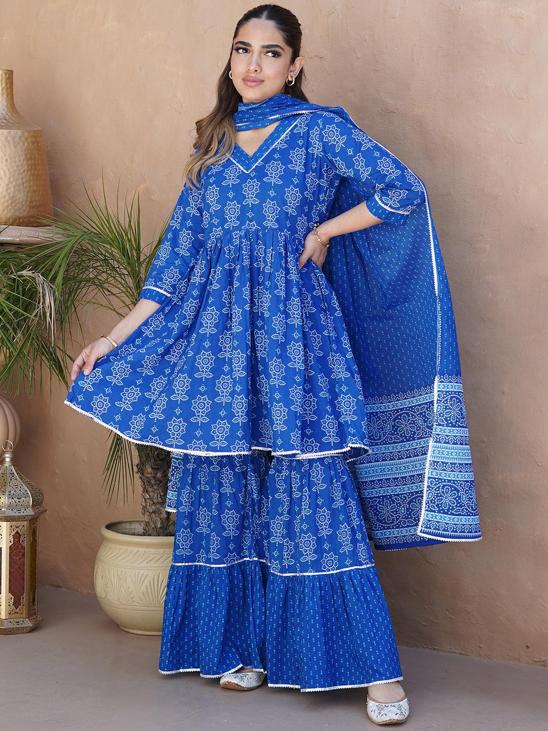 Blue Printed Cotton A-Line Sharara Suit Set With Dupatta