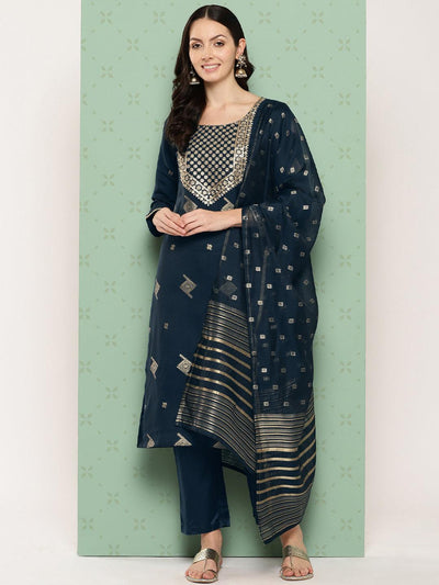 Blue Woven Design Chanderi Silk Straight Kurta With Trousers & Dupatta - Libas