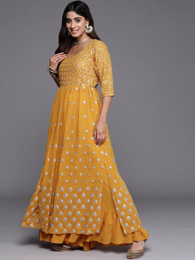 Mustard Embroidered Georgette A-Line Kurta With Palazzos & Dupatta - Libas