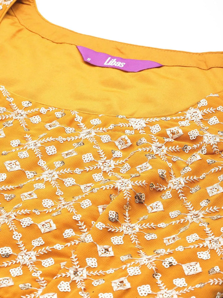 Mustard Embroidered Georgette A-Line Kurta With Palazzos & Dupatta - Libas