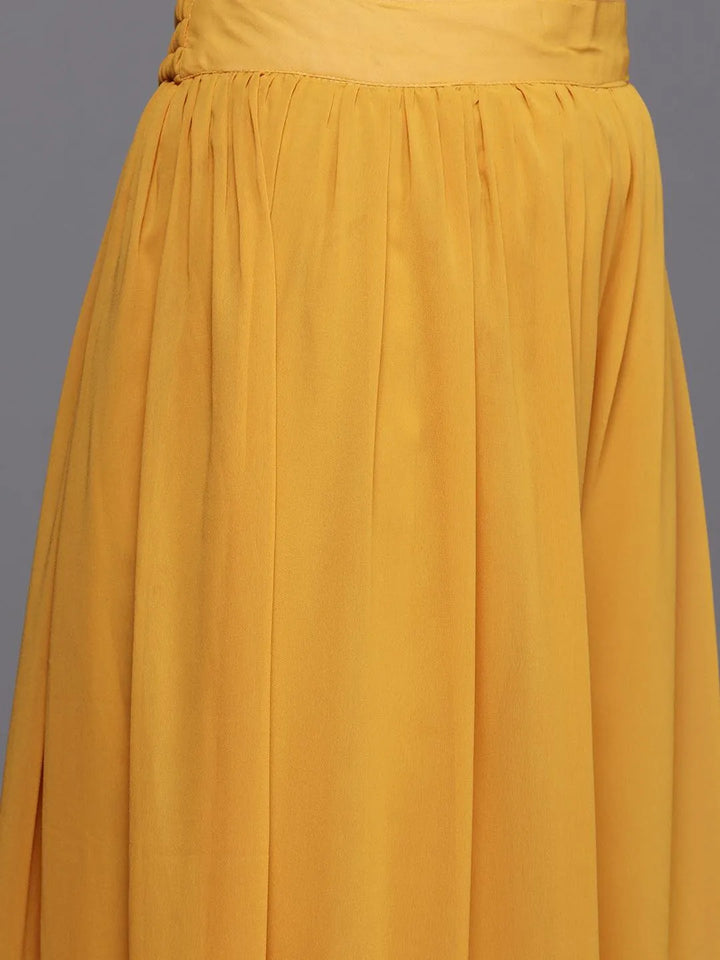 Mustard Embroidered Georgette A-Line Kurta With Palazzos & Dupatta - Libas