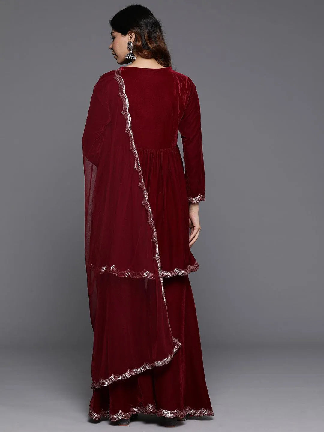 Maroon Velvet Sequined Kurta With Green Parallel Pants And Dupatta main image 0