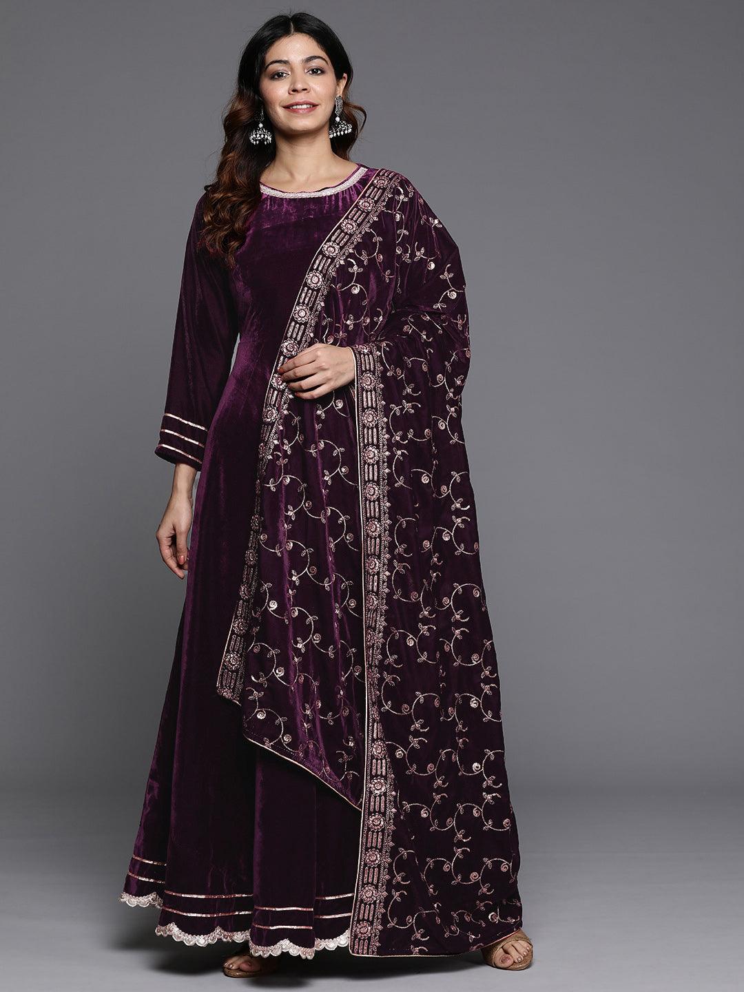 Wine Solid Velvet Anarkali Suit With Dupatta