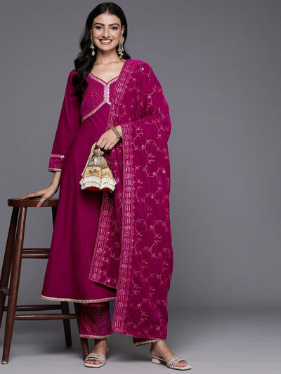 Pink Embroidered Velvet Anarkali Suit With Dupatta - Libas