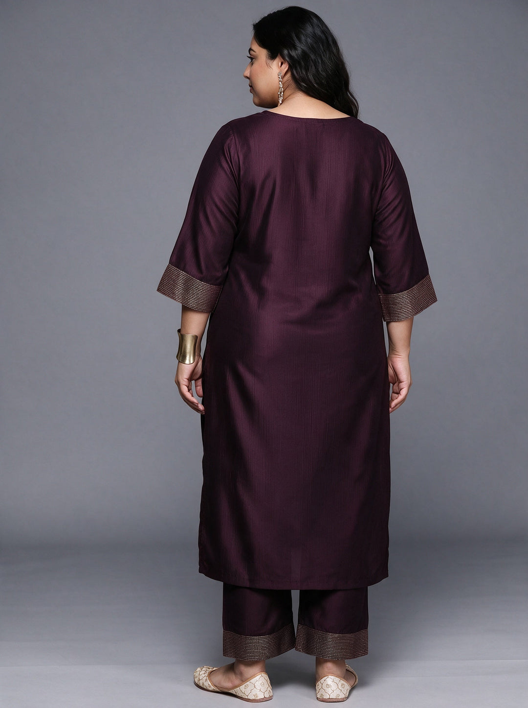  Plus Size Burgundy Solid Straight Kurta With Trousers 