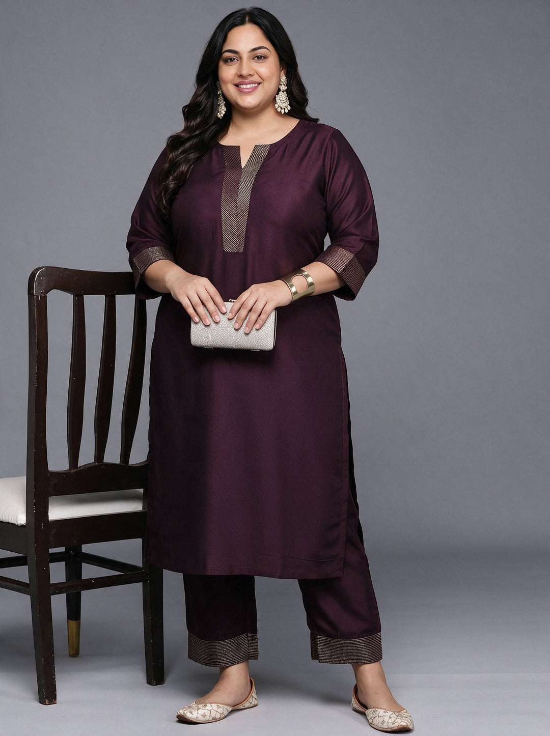  Plus Size Burgundy Solid Straight Kurta With Trousers 