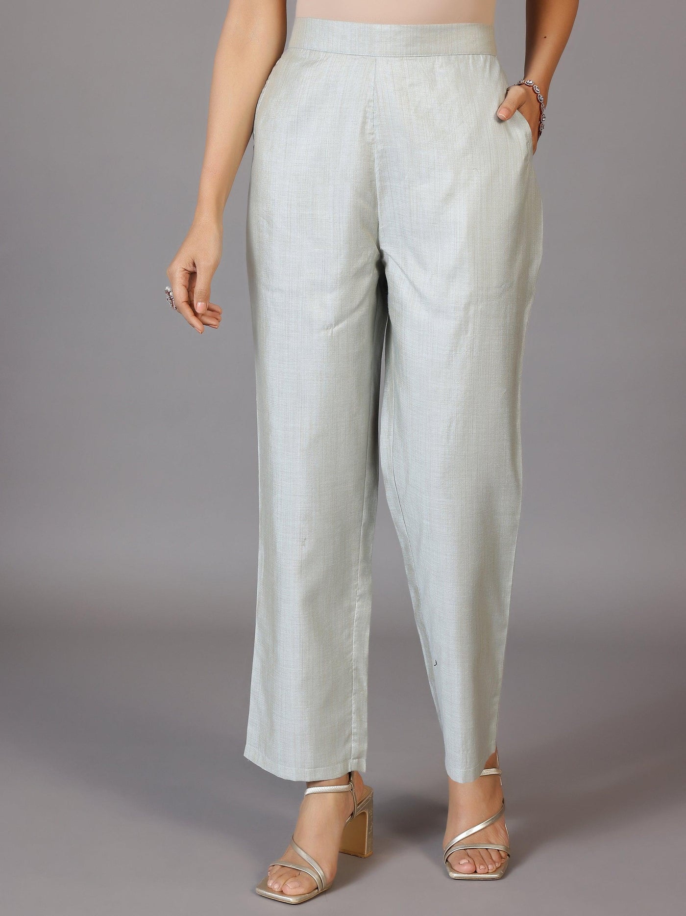 Grey Yoke Design Chanderi Silk Straight Kurta With Trousers & Dupatta - Libas
