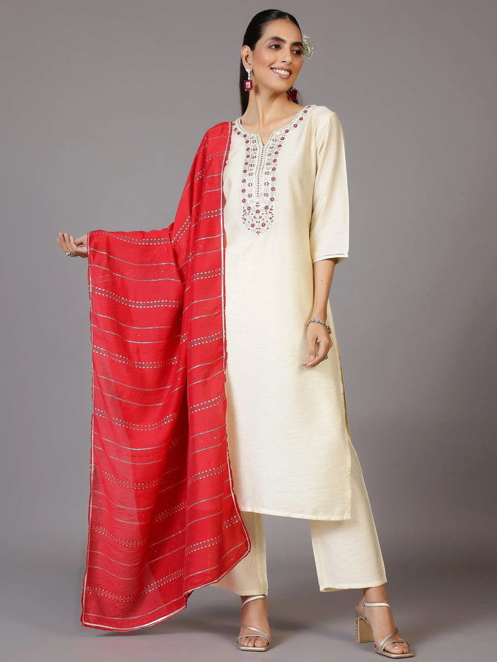 Off White Yoke Design Silk Blend Straight Kurta With Trousers & Dupatta - Libas