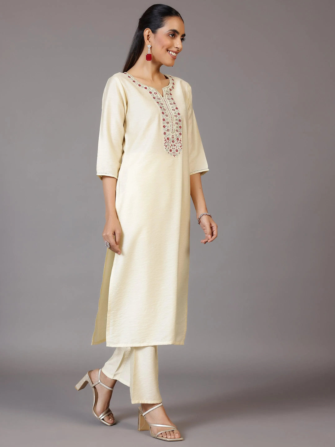 Off White Yoke Design Silk Blend Straight Kurta With Trousers & Dupatta - Libas 