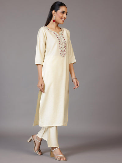 Off White Yoke Design Silk Blend Straight Kurta With Trousers & Dupatta - Libas
