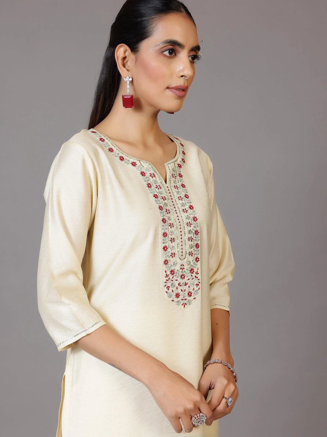 Off White Yoke Design Silk Blend Straight Kurta With Trousers & Dupatta - Libas 