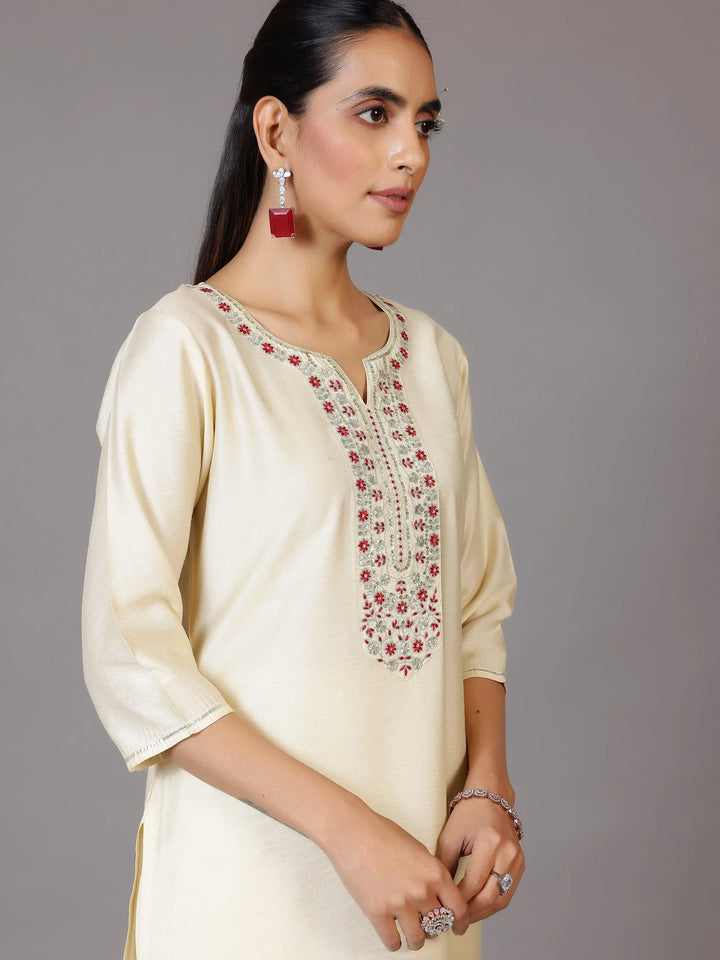Off White Yoke Design Silk Blend Straight Kurta With Trousers & Dupatta - Libas