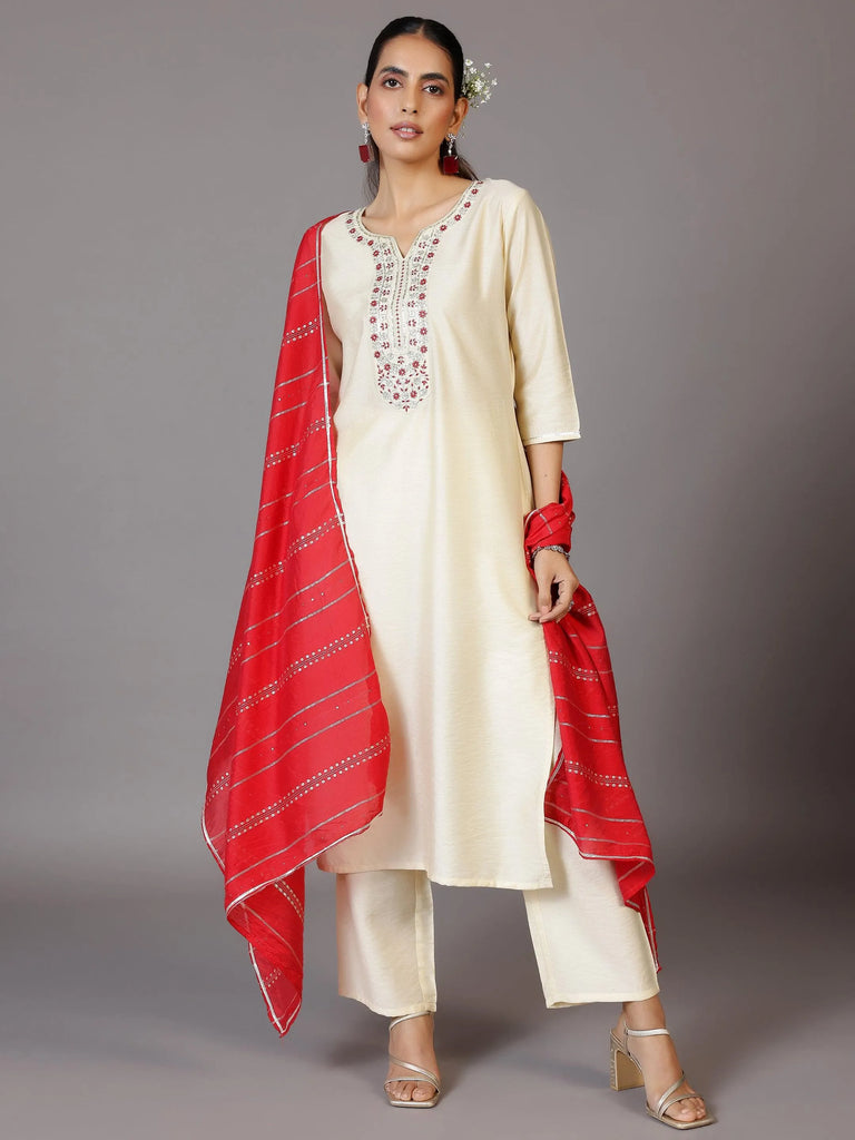Libas Off White Yoke Design Silk Blend Straight Kurta With Trousers & Dupatta