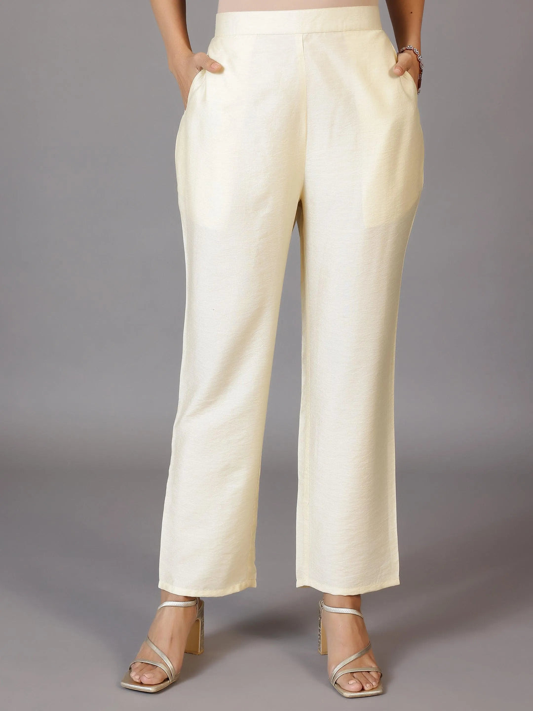 Off White Yoke Design Silk Blend Straight Kurta With Trousers & Dupatta - Libas 