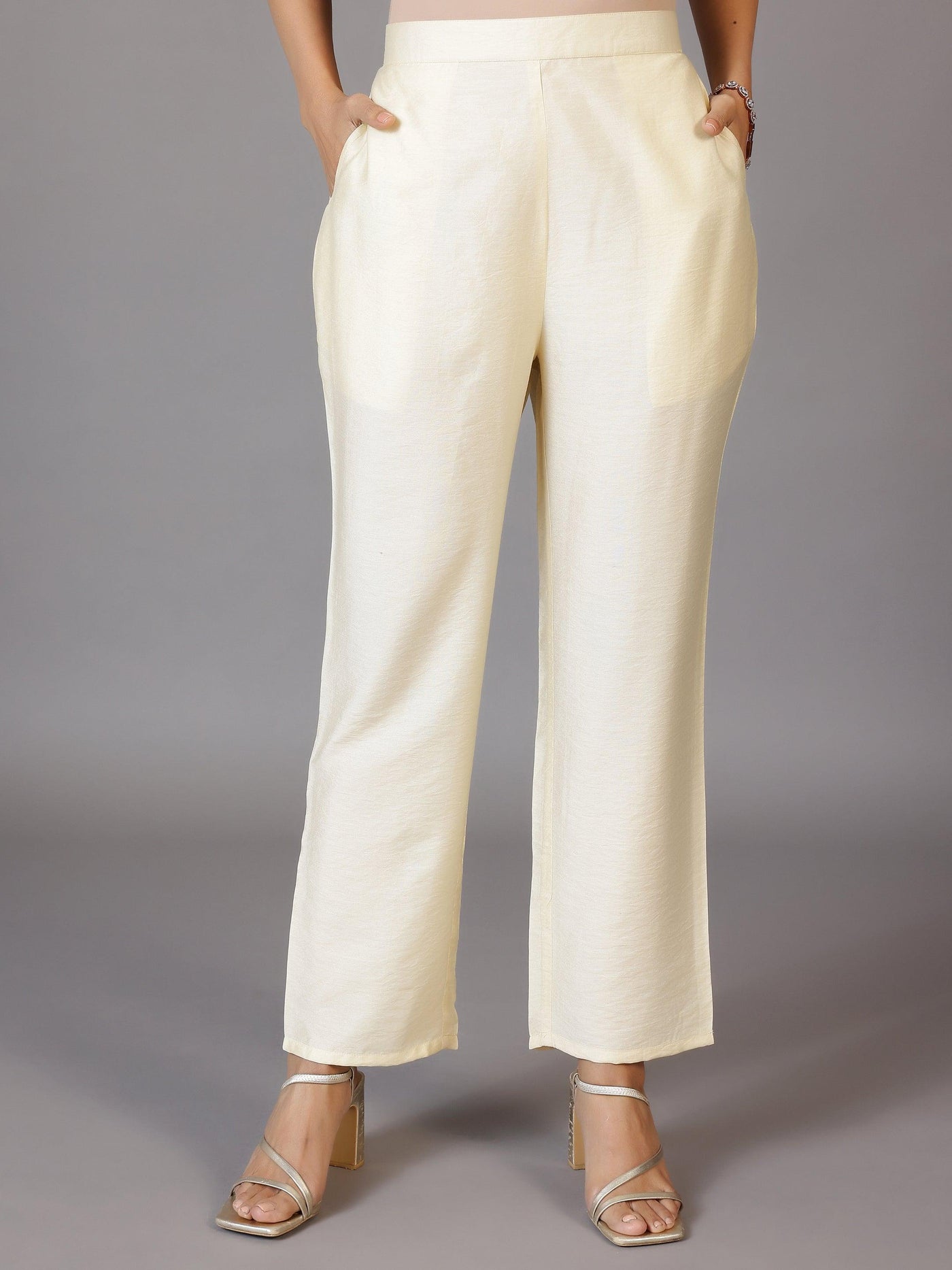 Off White Yoke Design Silk Blend Straight Kurta With Trousers & Dupatta - Libas