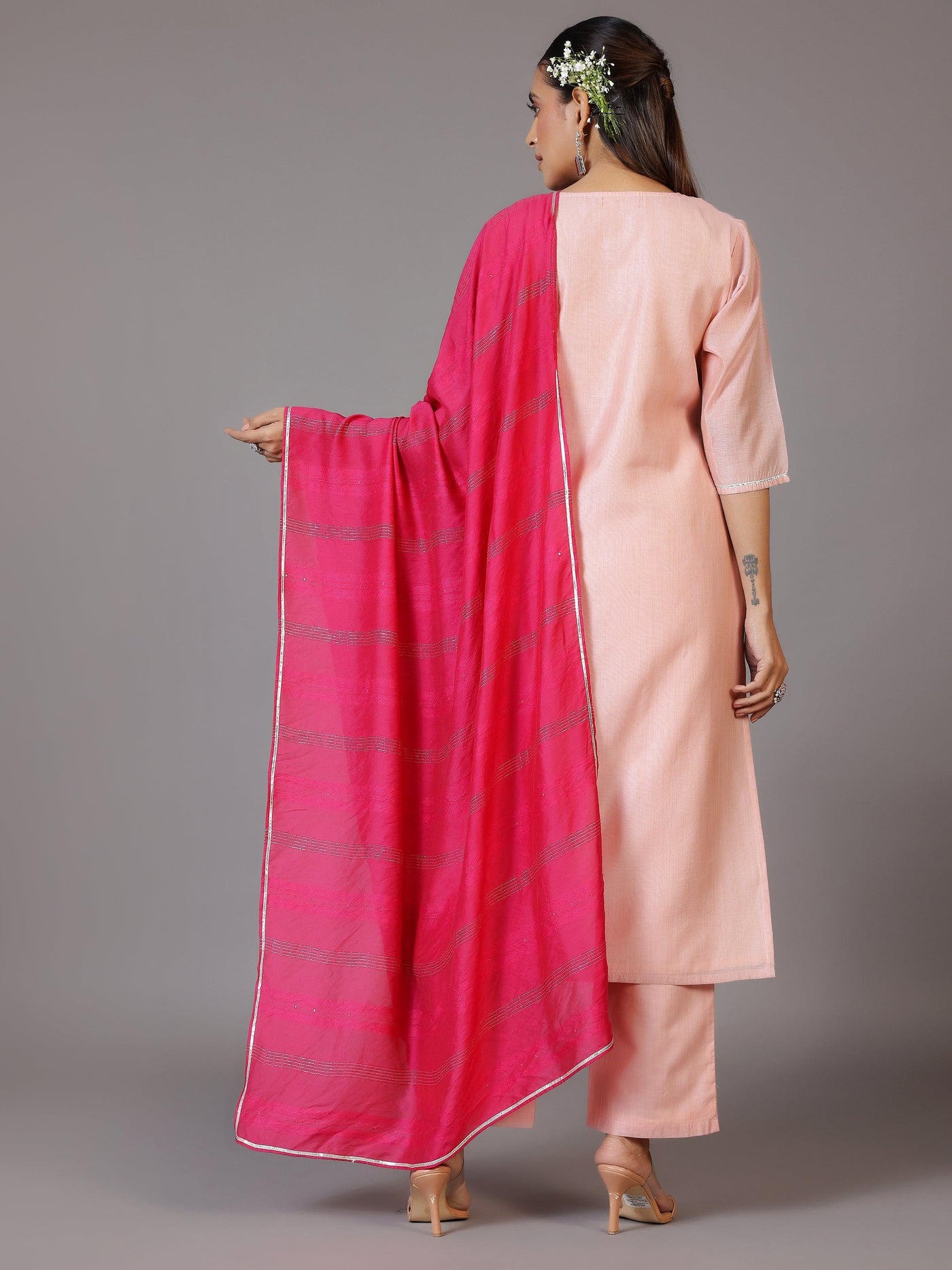 Pink Yoke Design Chanderi Silk Straight Kurta With Trousers & Dupatta - Libas