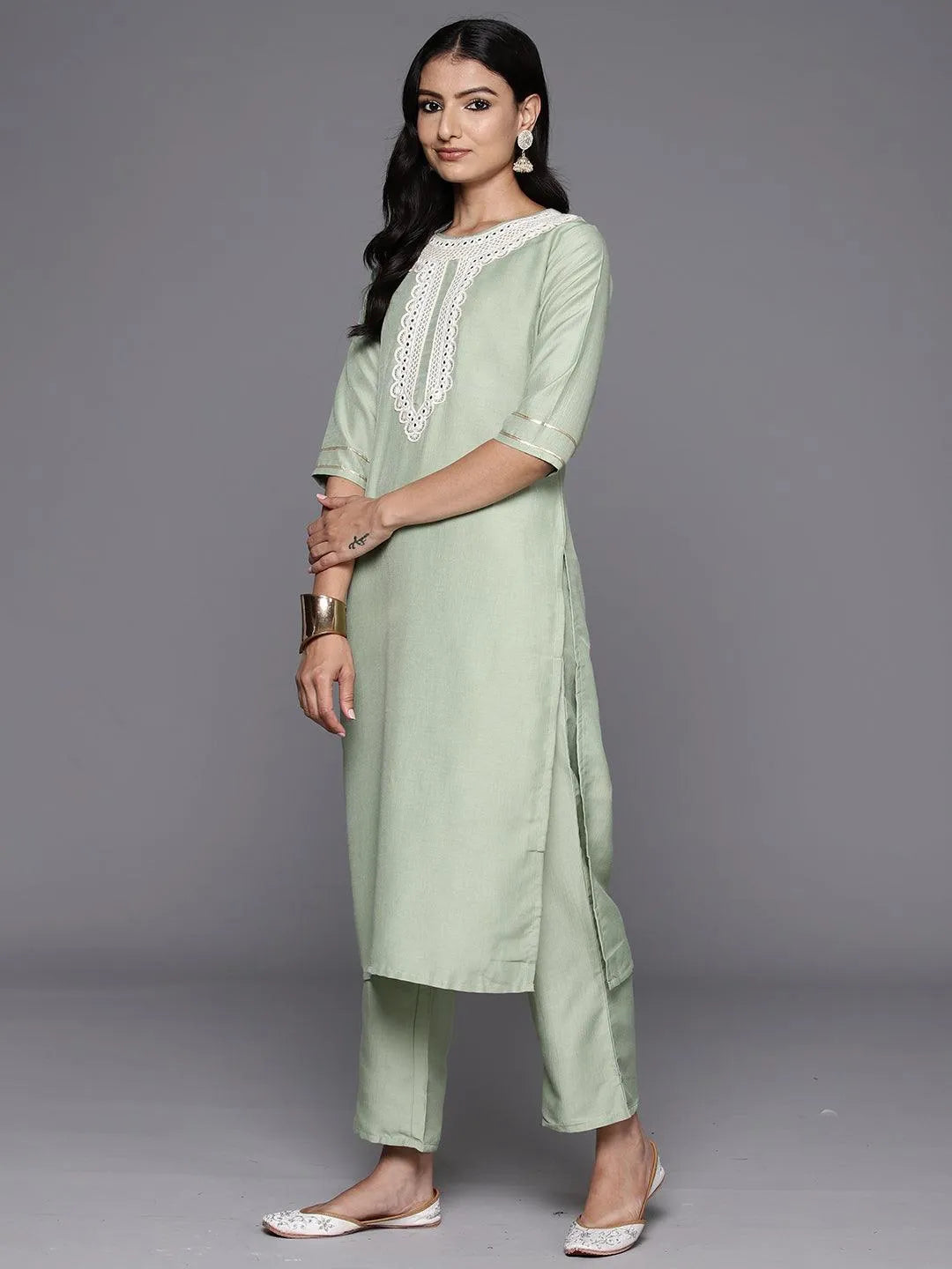 Green Yoke Design Silk Blend Straight Kurta With Trousers & Dupatta - Libas 