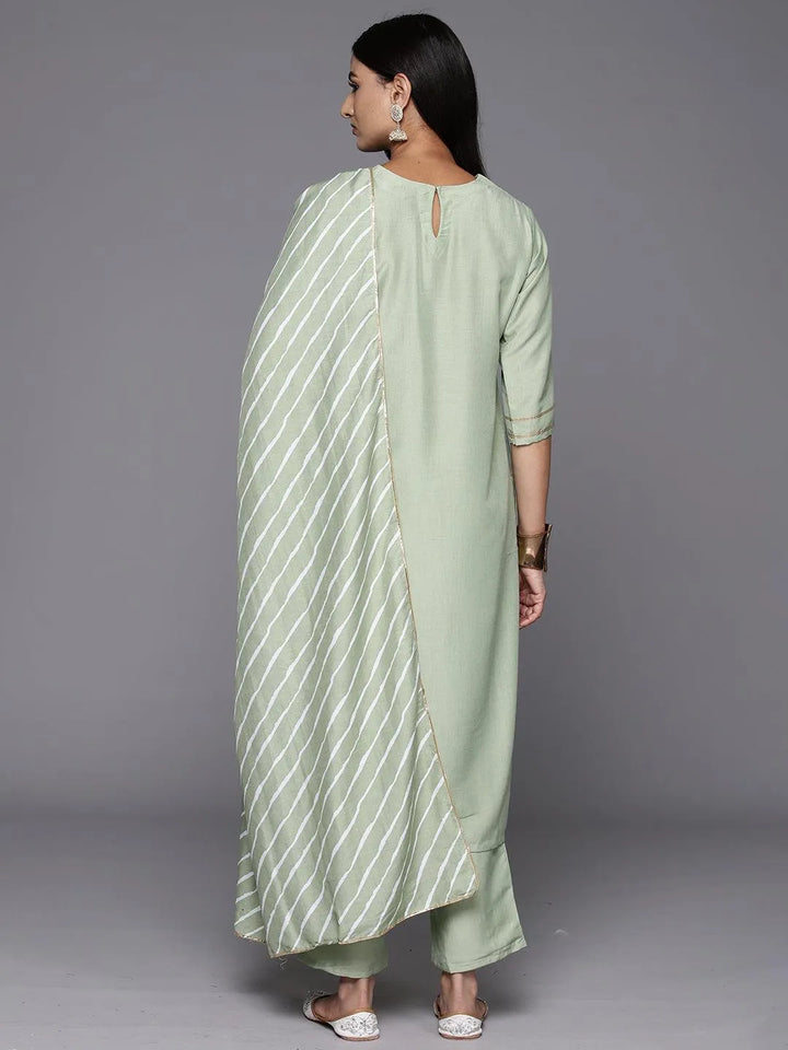 Green Yoke Design Silk Blend Straight Kurta With Trousers & Dupatta - Libas