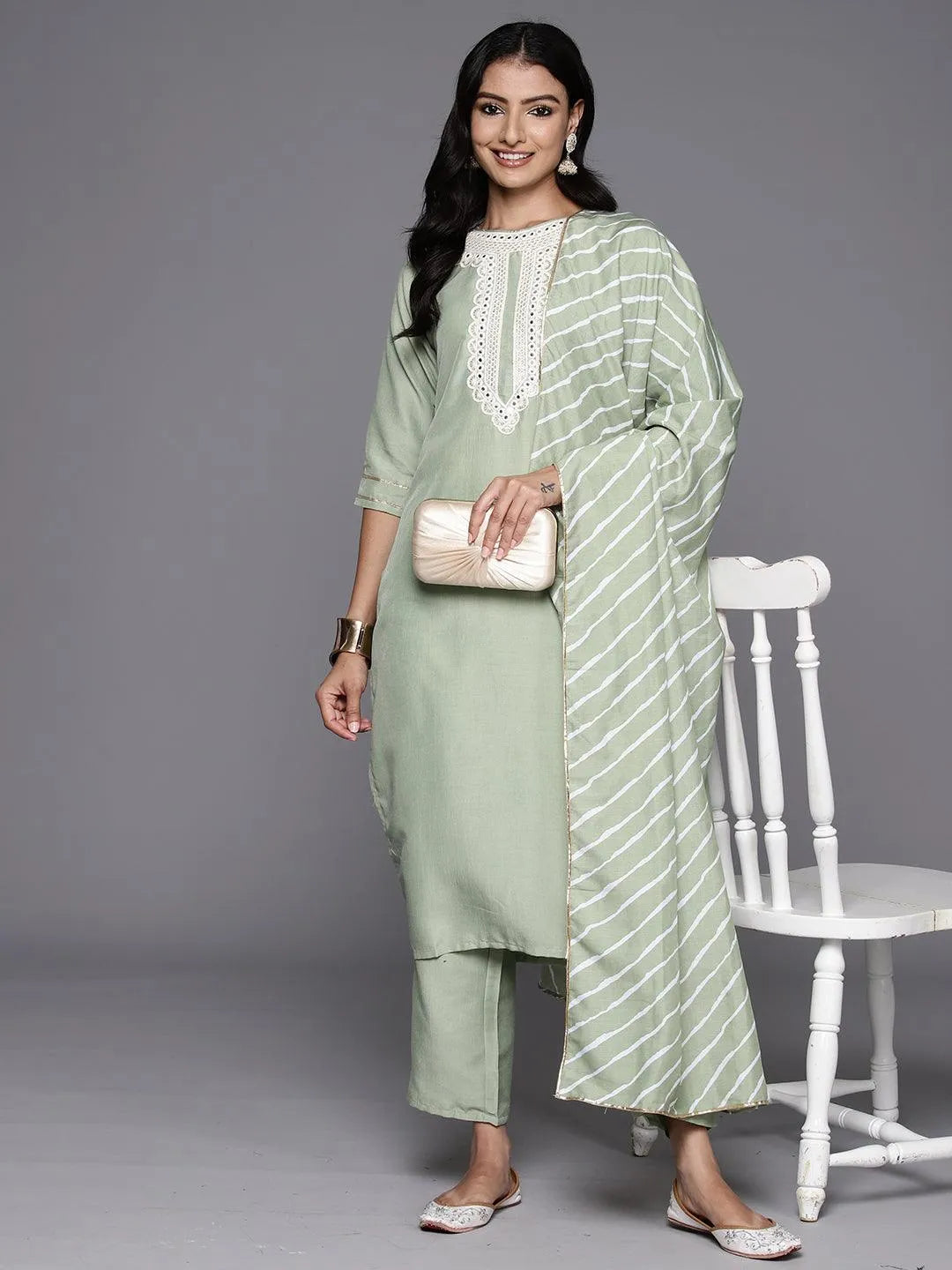 Green Yoke Design Silk Blend Straight Kurta With Trousers & Dupatta - Libas 