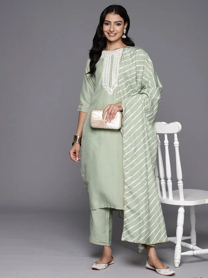 Green Yoke Design Silk Blend Straight Kurta With Trousers & Dupatta - Libas