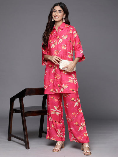 Pink Printed Cotton Blend Shirt With Palazzos - Libas