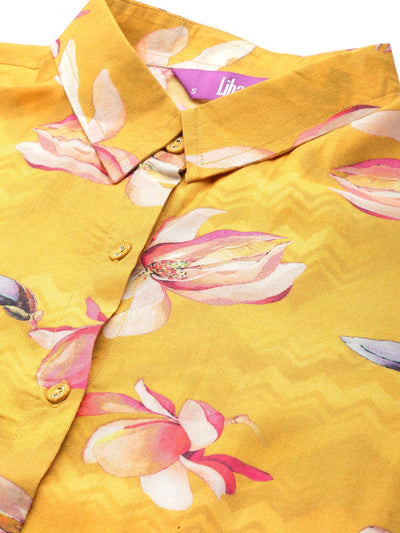 Mustard Printed Cotton Blend Shirt With Palazzos - Libas