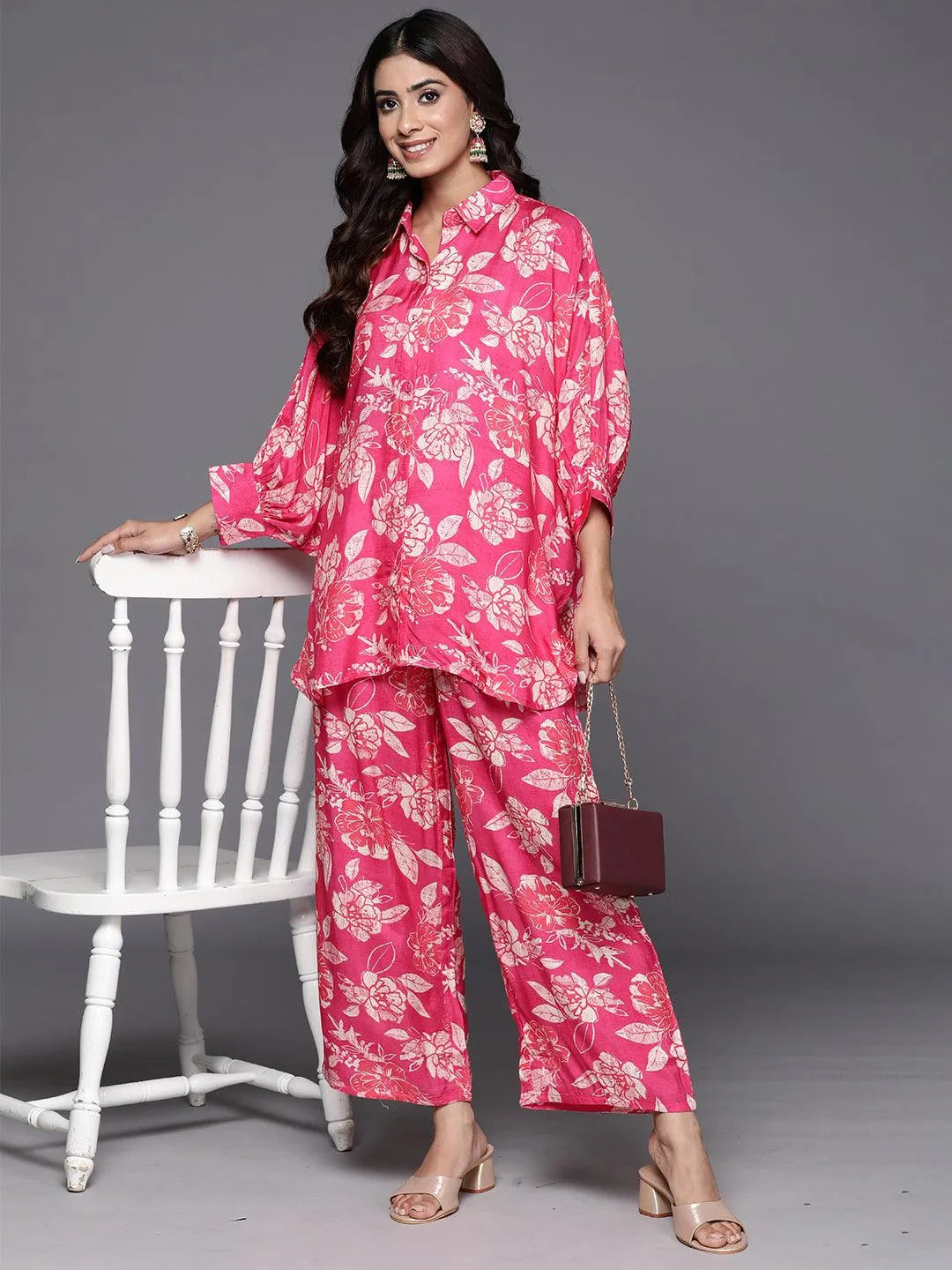 Pink Printed Cotton Blend Shirt With Palazzos - Libas