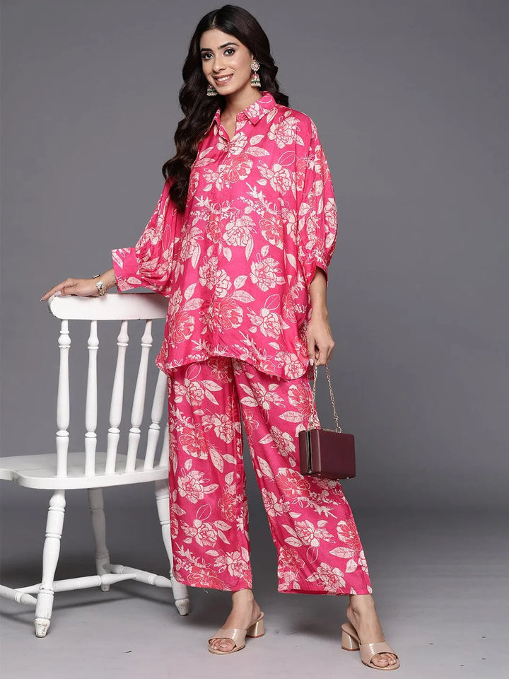 Pink Printed Cotton Blend Shirt With Palazzos - Libas
