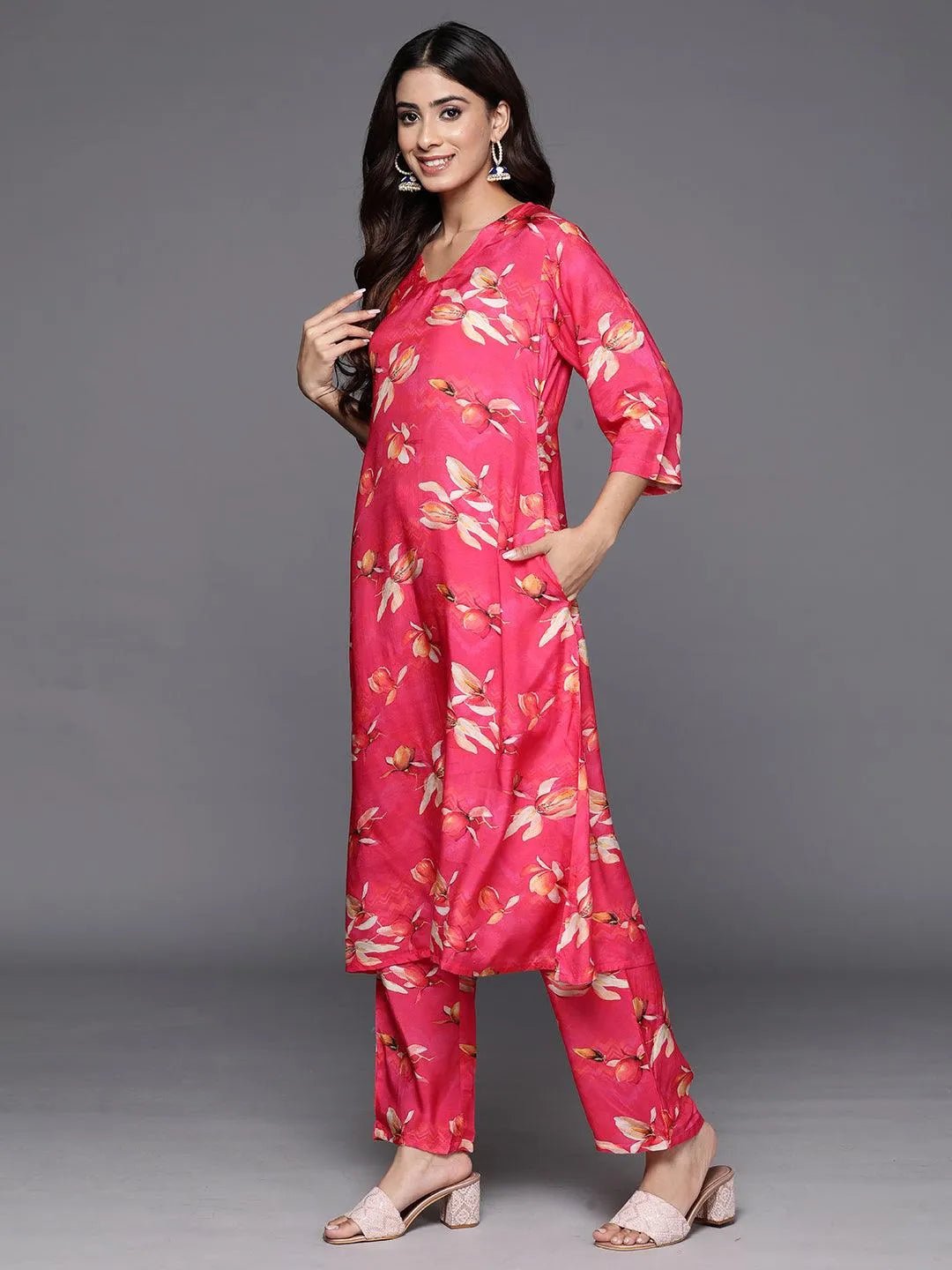 Pink Printed Cotton Blend Tunic With Palazzos - Libas