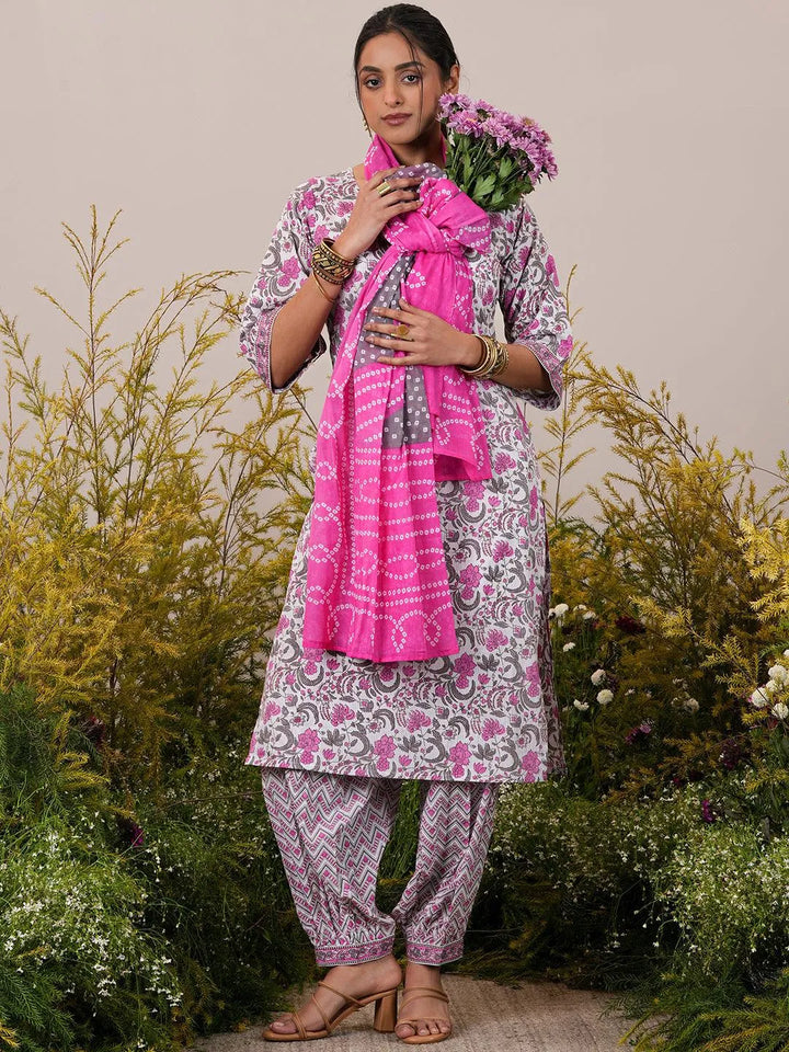 Pink Printed Cotton Straight Suit With Dupatta - Libas