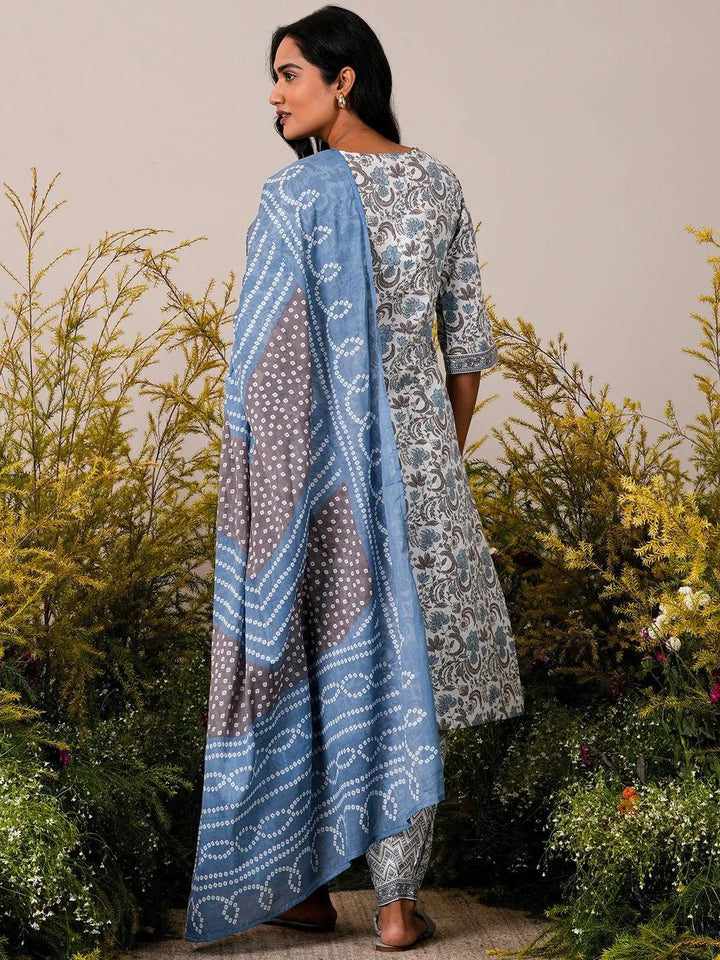 Blue Printed Cotton Straight Suit With Dupatta - Libas