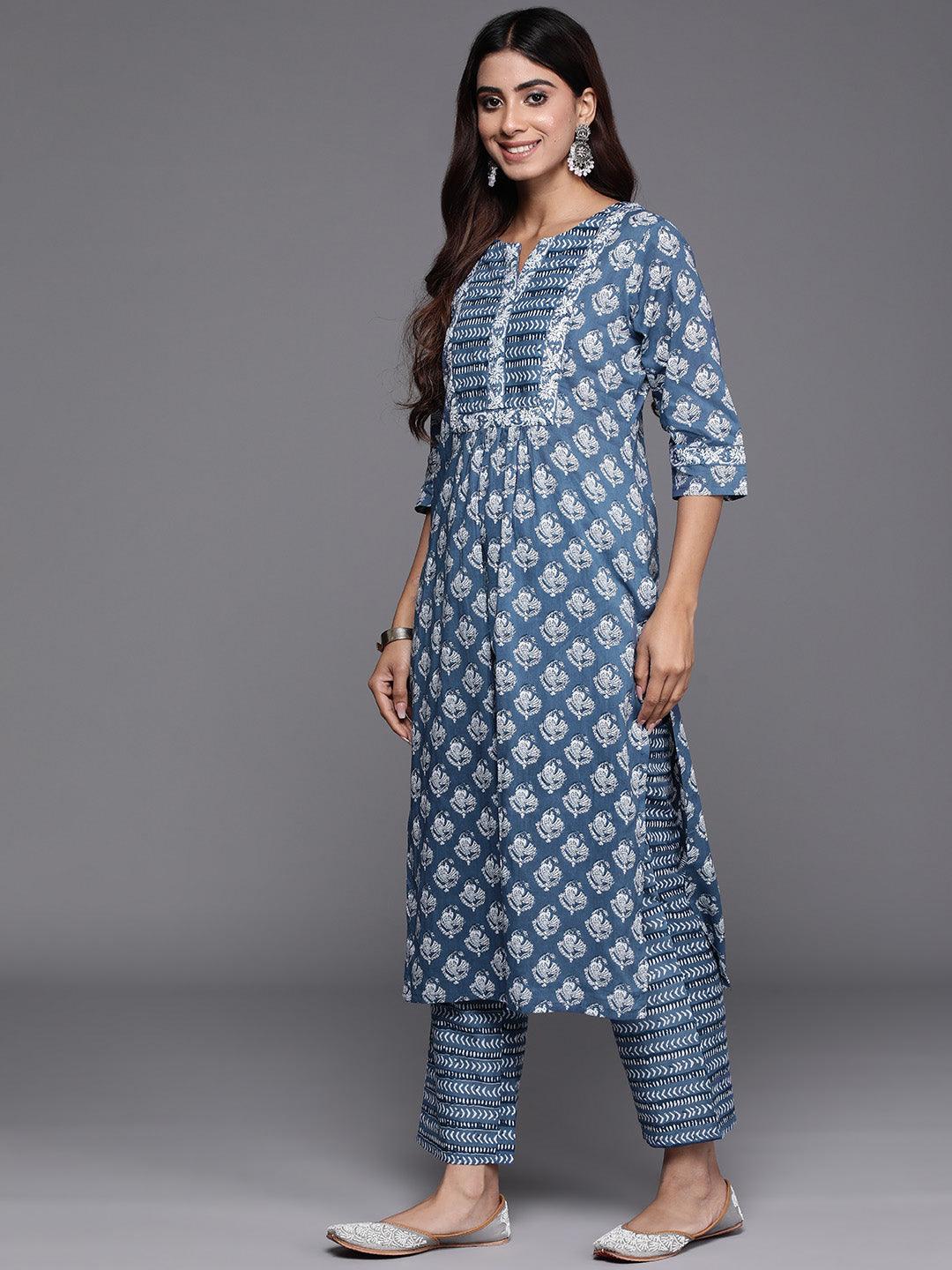 Blue Printed Cotton Straight Suit With Dupatta
