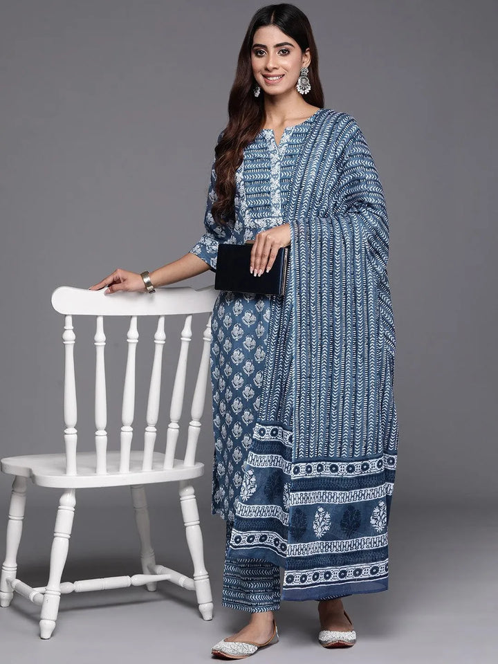 Blue Printed Cotton Straight Suit With Dupatta - Libas