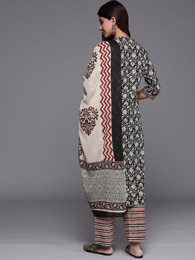 Black Printed Cotton Straight Suit With Dupatta - Libas