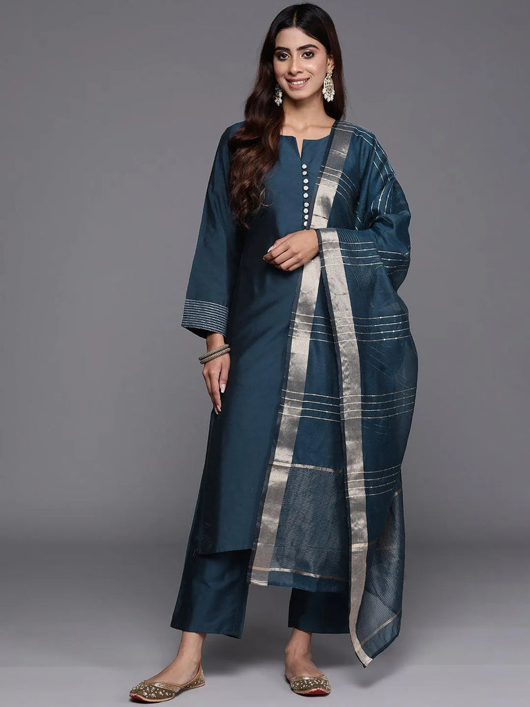 Libas Blue Solid Silk Blend Straight Suit With Dupatta