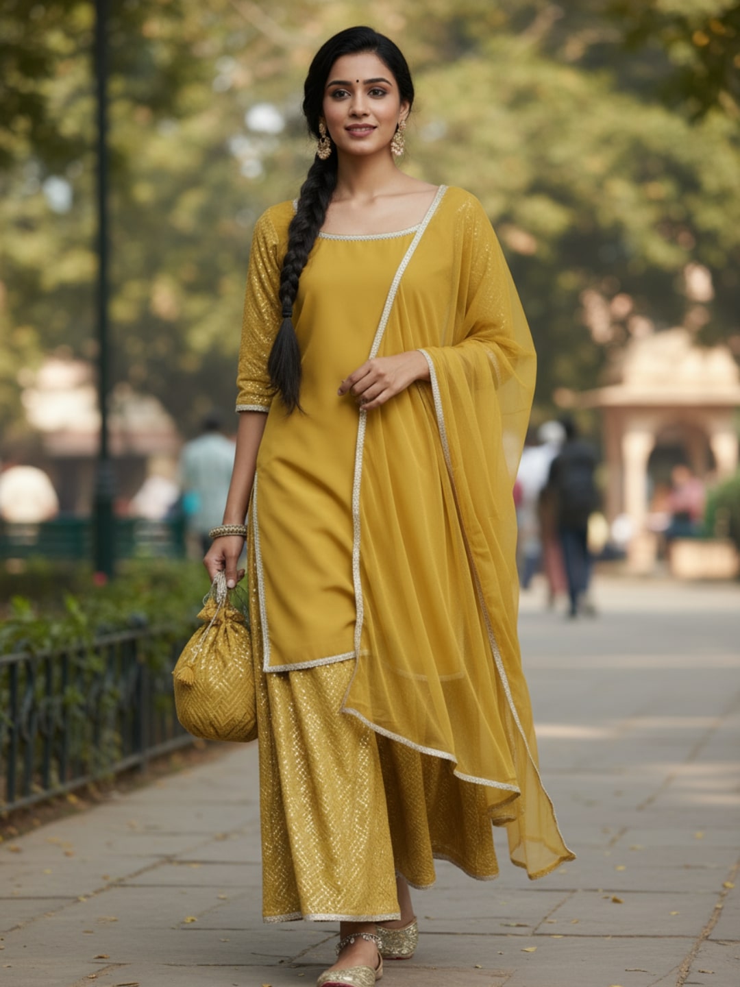 Mustard Solid Georgette Straight Kurta With Palazzos & Dupatta