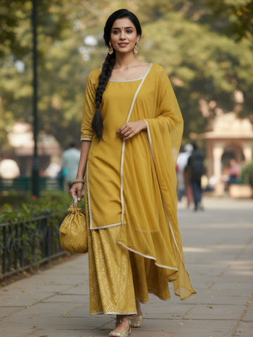 Mustard Solid Georgette Straight Kurta With Palazzos & Dupatta