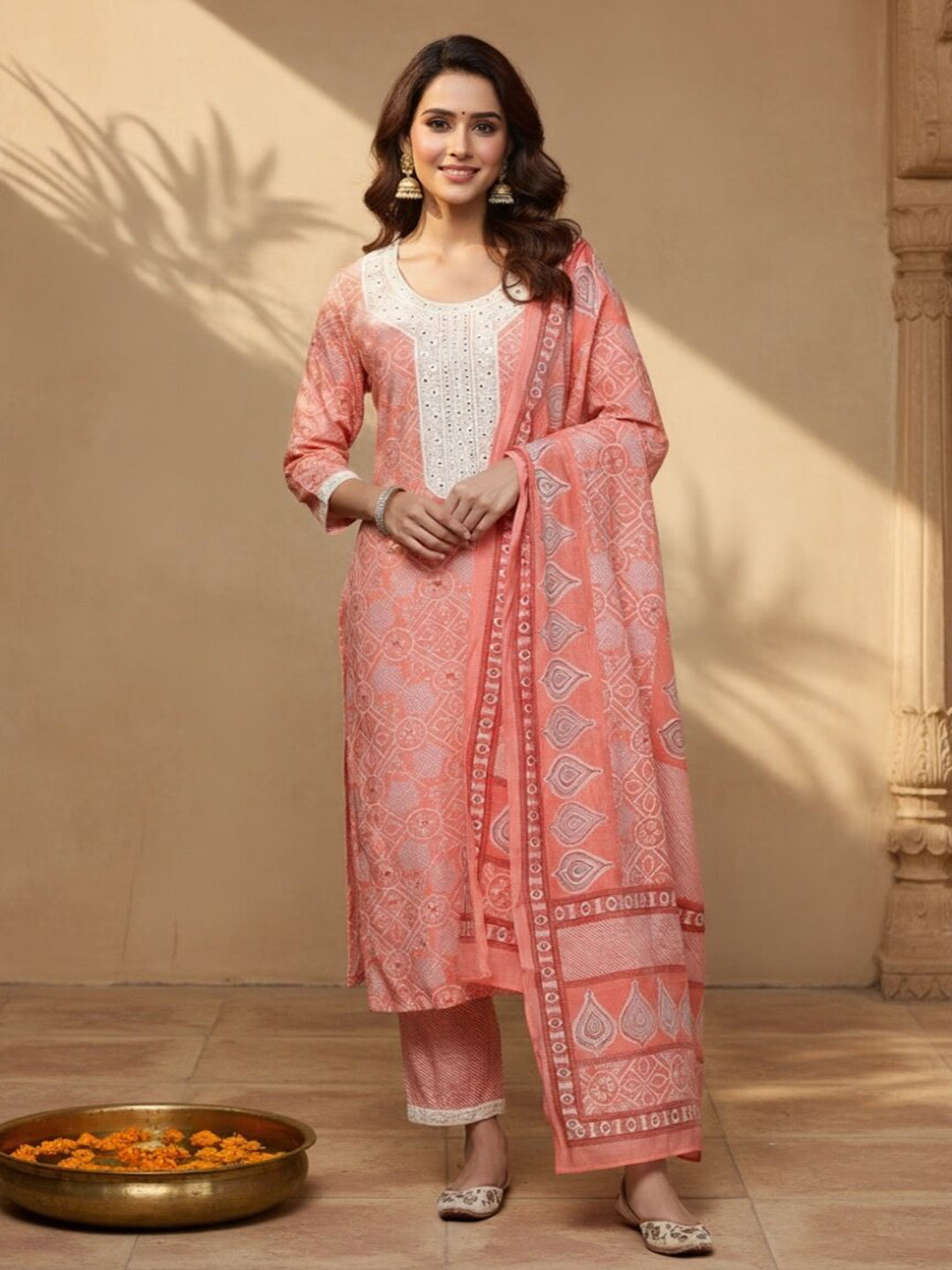 libas Pink Printed Silk Blend Straight Kurta With Trousers & Dupatta-picture-35