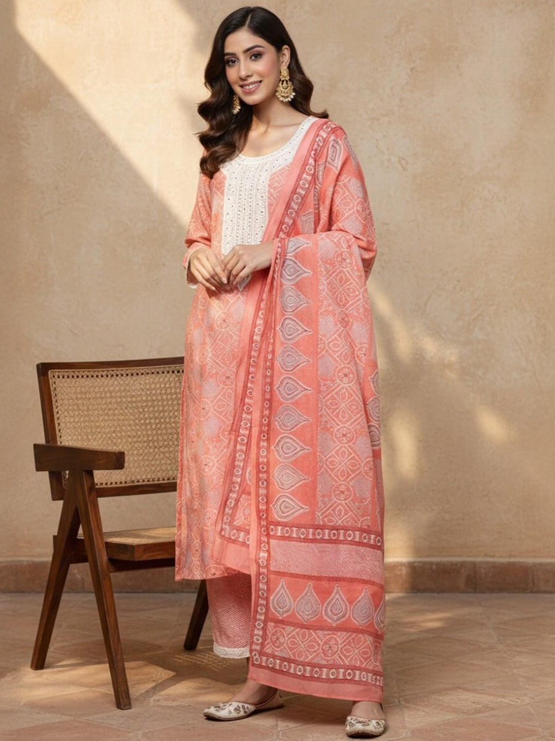  Pink Printed Silk Blend Straight Kurta With Trousers & Dupatta 