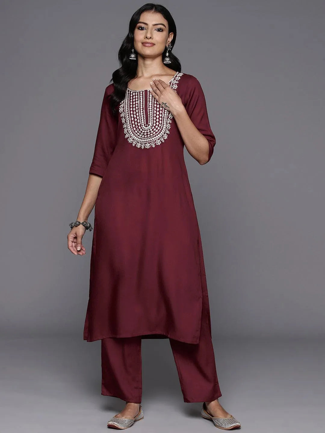 Maroon Yoke Design Wool Blend Straight Kurta With Trousers - Libas