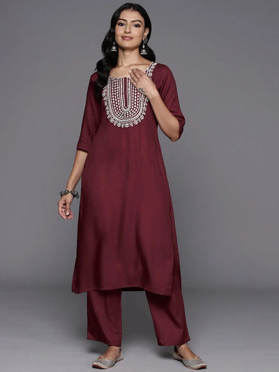 Maroon Yoke Design Wool Blend Straight Kurta With Trousers - Libas