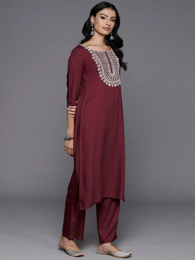 Maroon Yoke Design Wool Blend Straight Kurta With Trousers