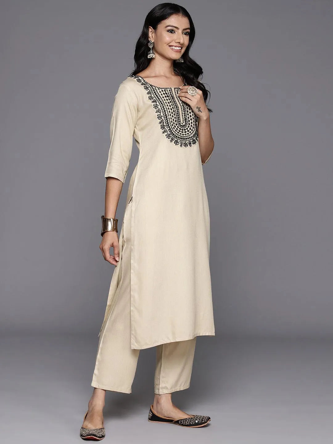 Beige Yoke Design Wool Blend Straight Kurta With Trousers - Libas 