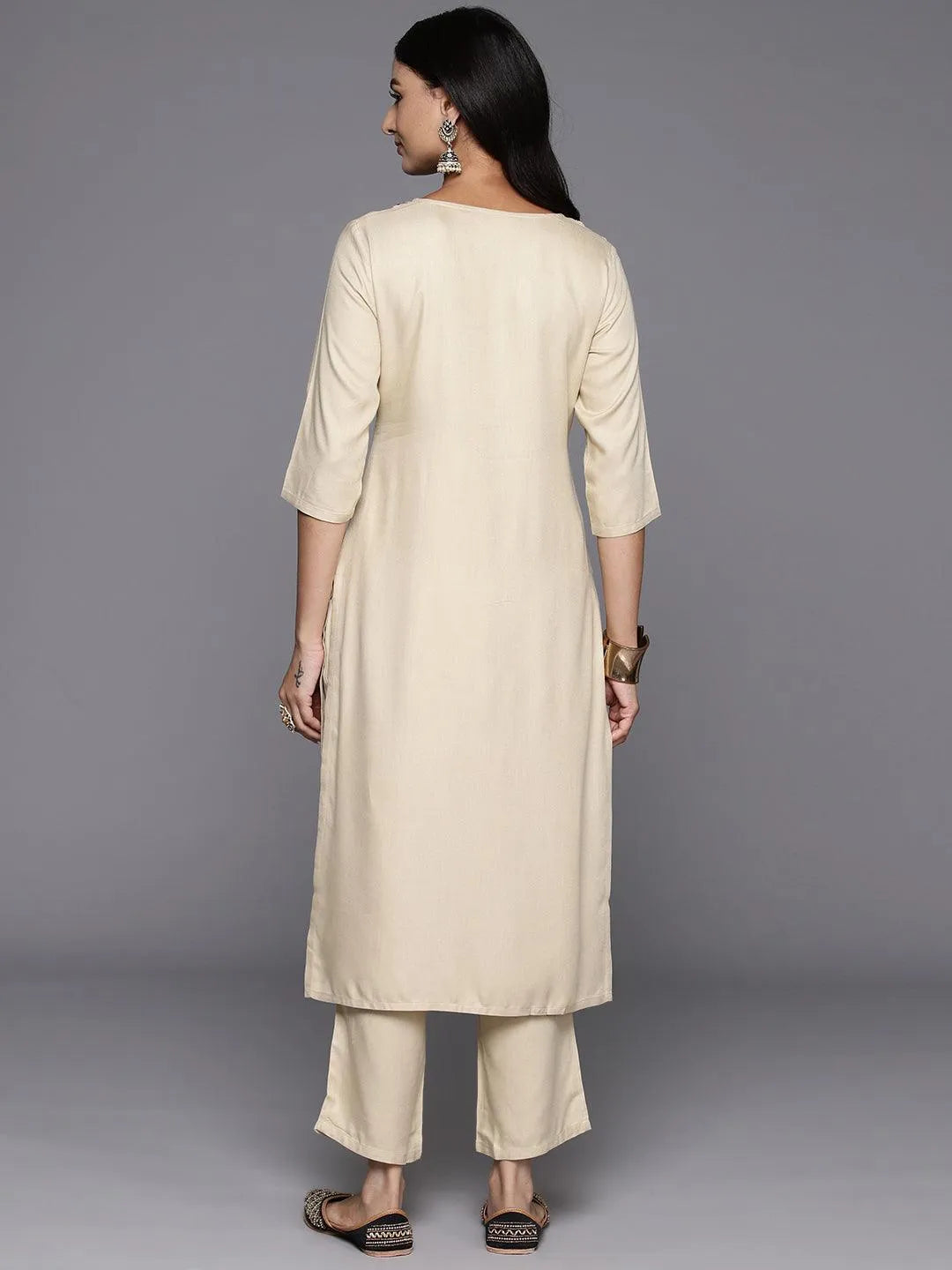 Beige Yoke Design Wool Blend Straight Kurta With Trousers - Libas 