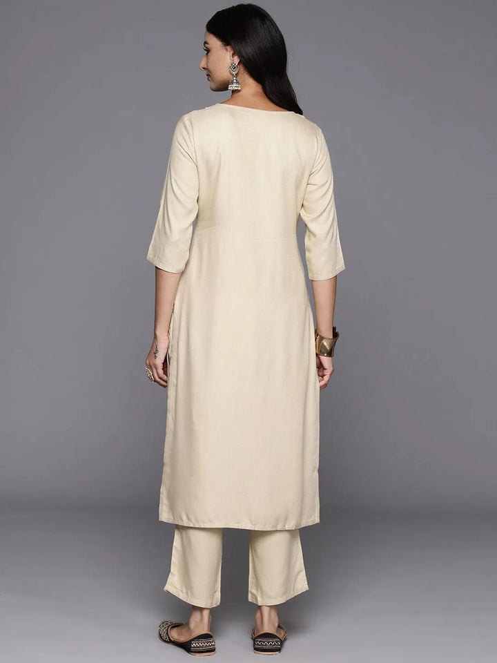 Beige Yoke Design Wool Blend Straight Kurta With Trousers - Libas